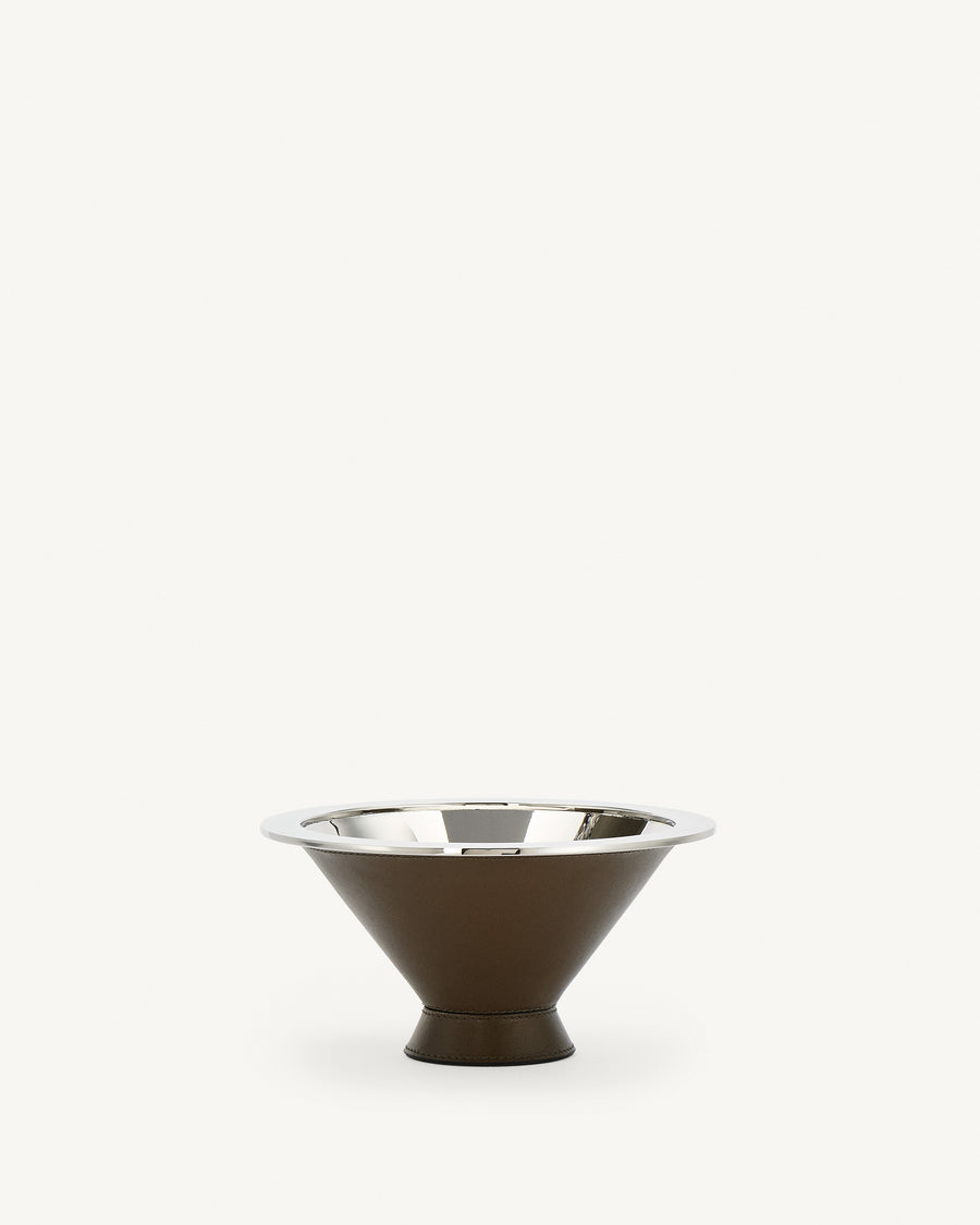 front view of a silver metal lined mink brown leather dish on a white background