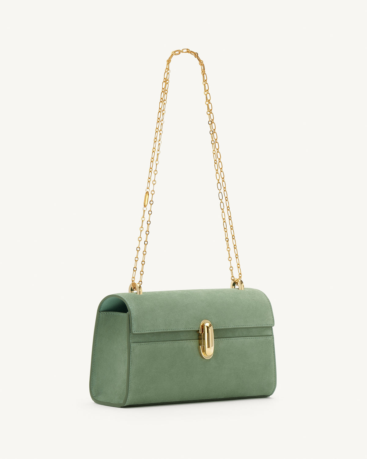 Side view of cactus suede handbag with a gold chain on a white background