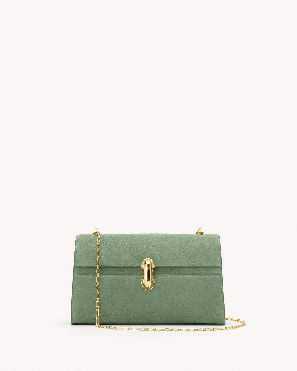 Front view of cactus suede handbag with a gold chain on a white background
