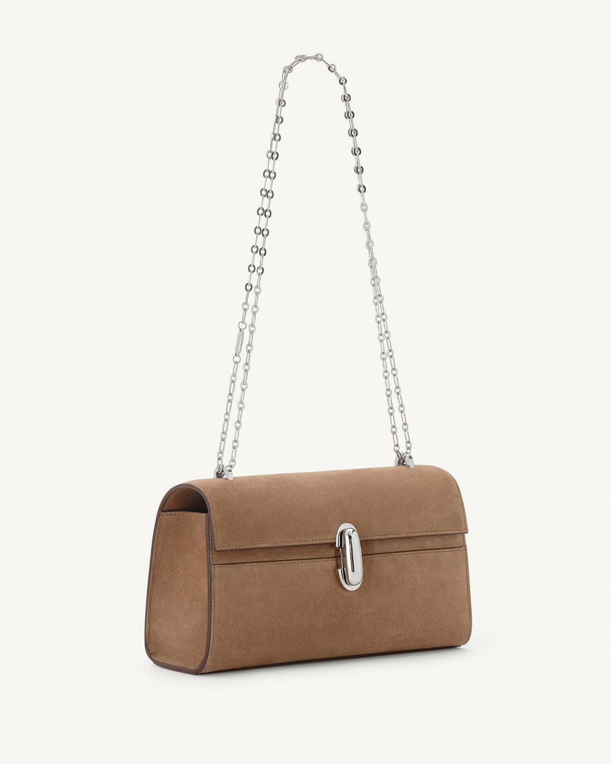 side view of a taupe brown suede bag silver clasp and silver chain on a white background