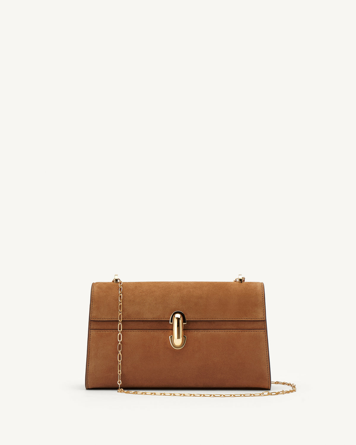 Front view of saddle suede leather crossbody with gold chain and hardware