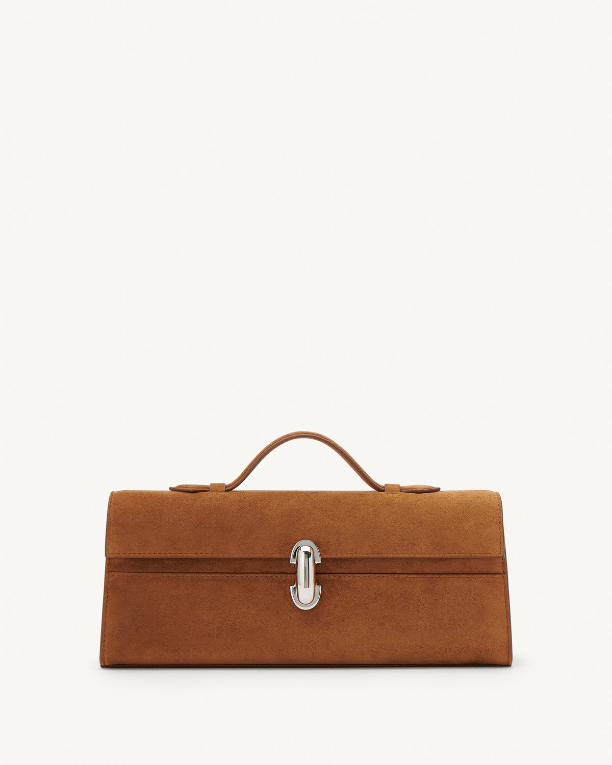 front view of a cognac brown suede top handle bag with a silver clasp on a white background 
