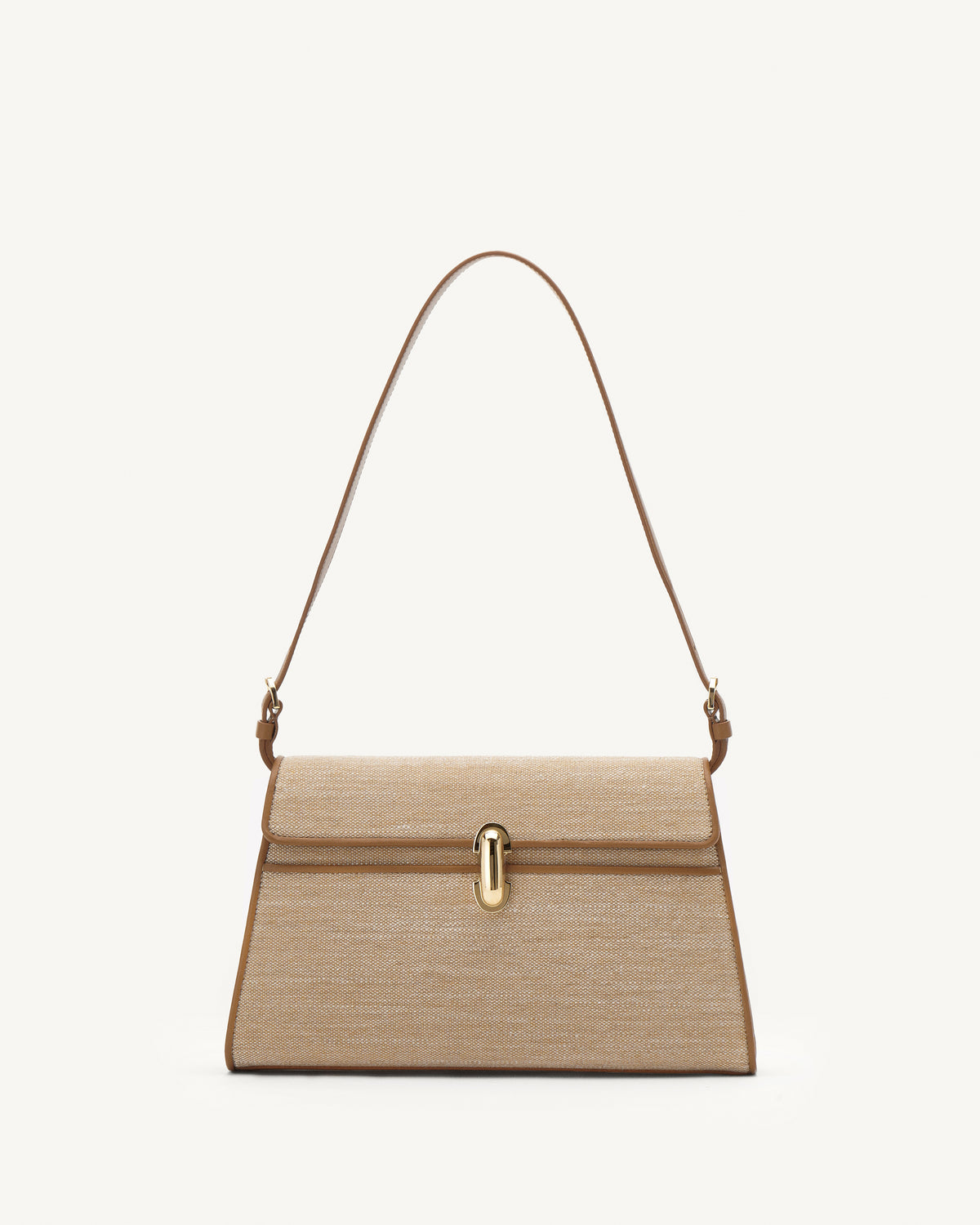 Front view of beige canvas shoulder bag with gold hardware