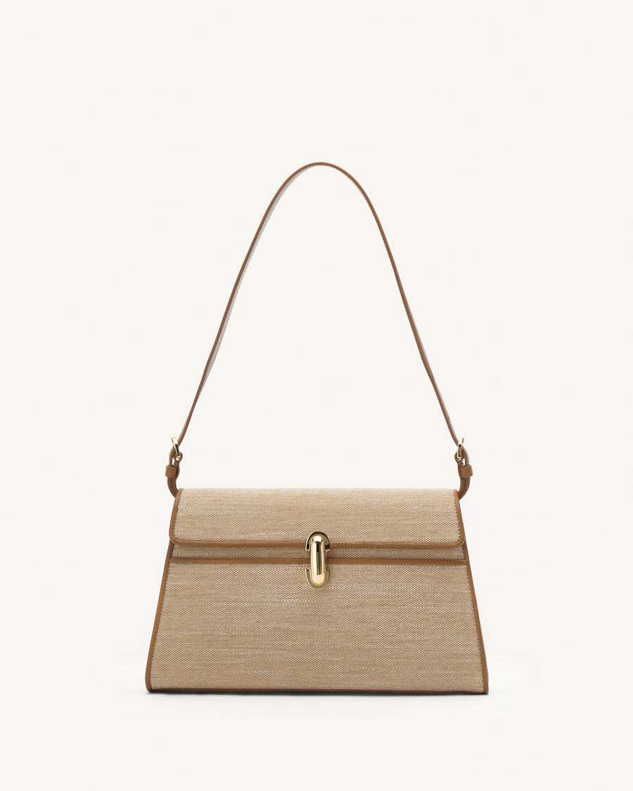 Front view of beige canvas shoulder bag with gold hardware