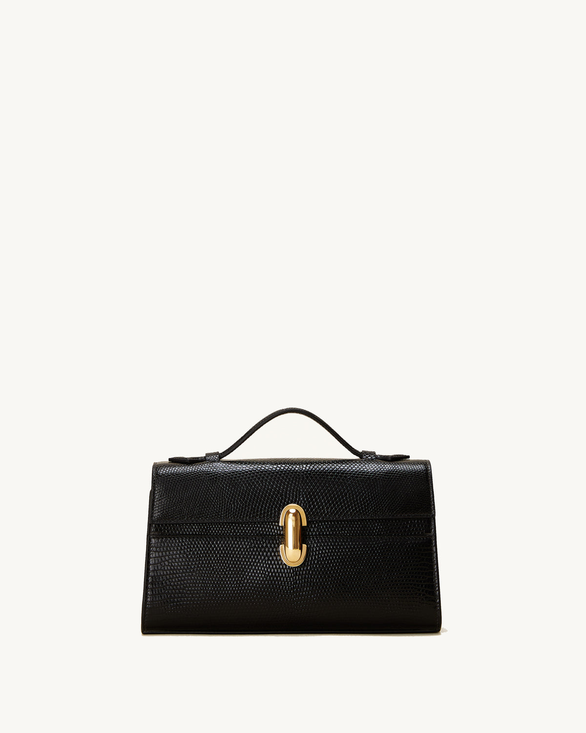 front view of the Symmetry Pochette handbag in Black lizard