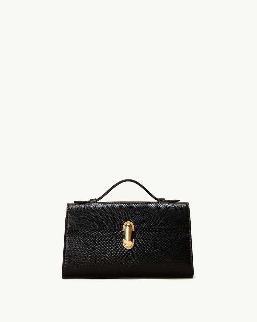 front view of the Symmetry Pochette handbag in Black lizard
