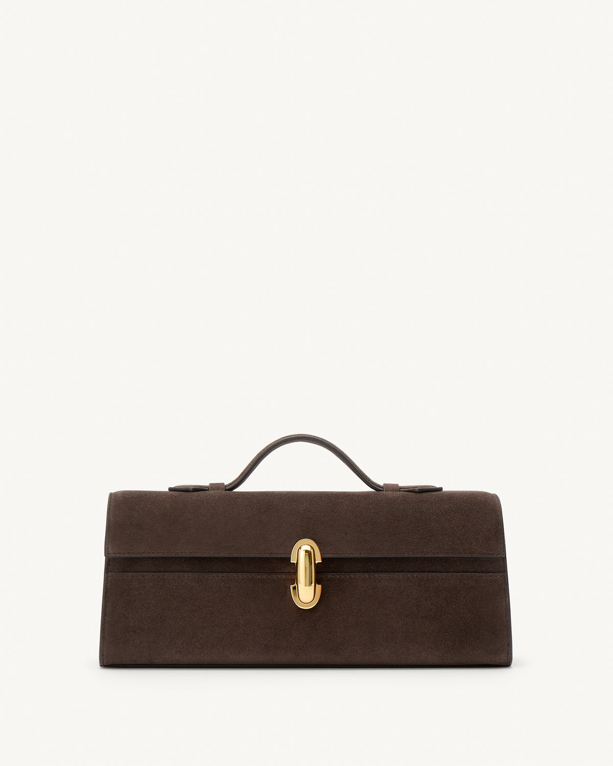 front view of a coffee brown suede top handle bag with a gold clasp on a white background 