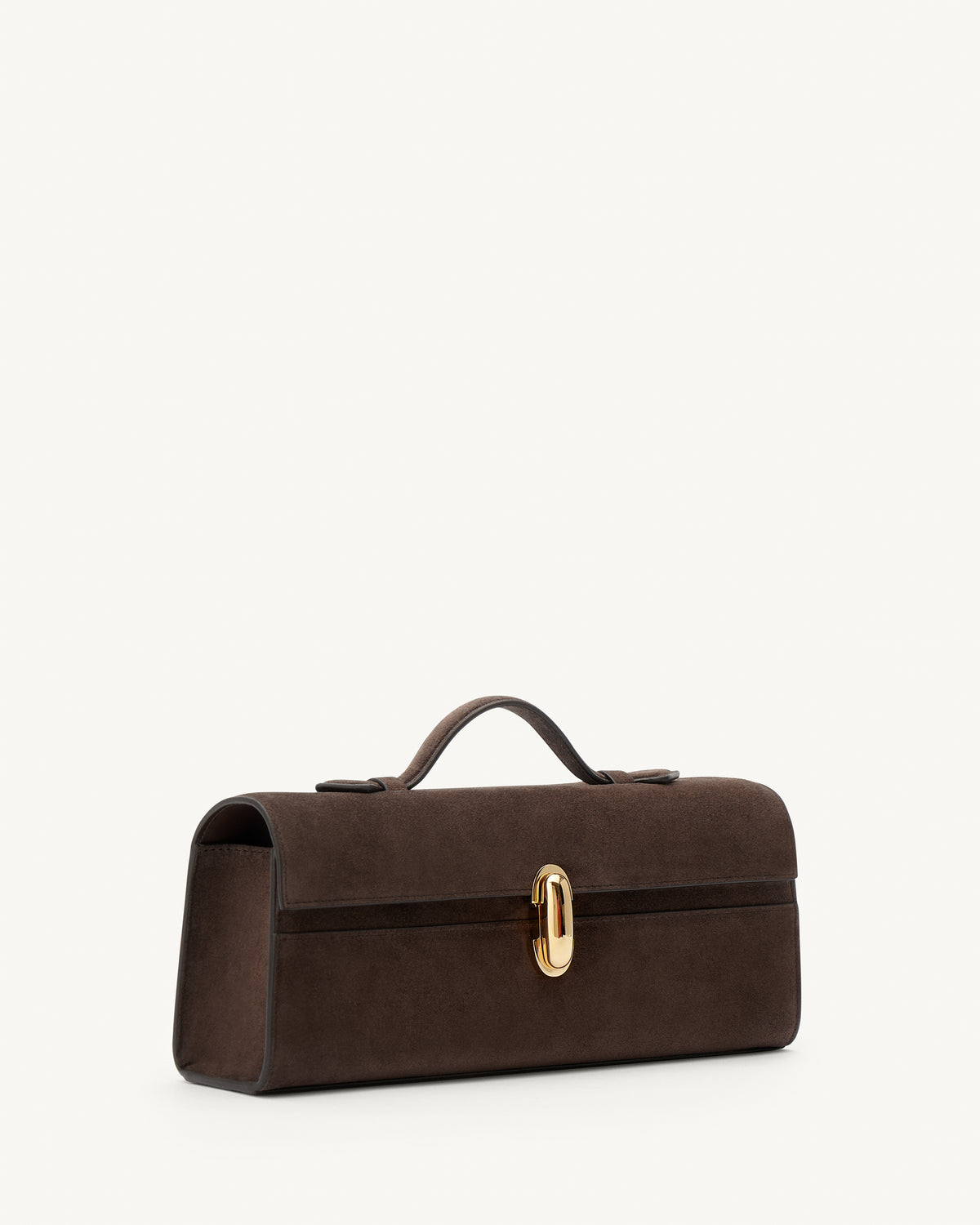 side view of a coffee brown suede top handle bag with a gold clasp on a white background 