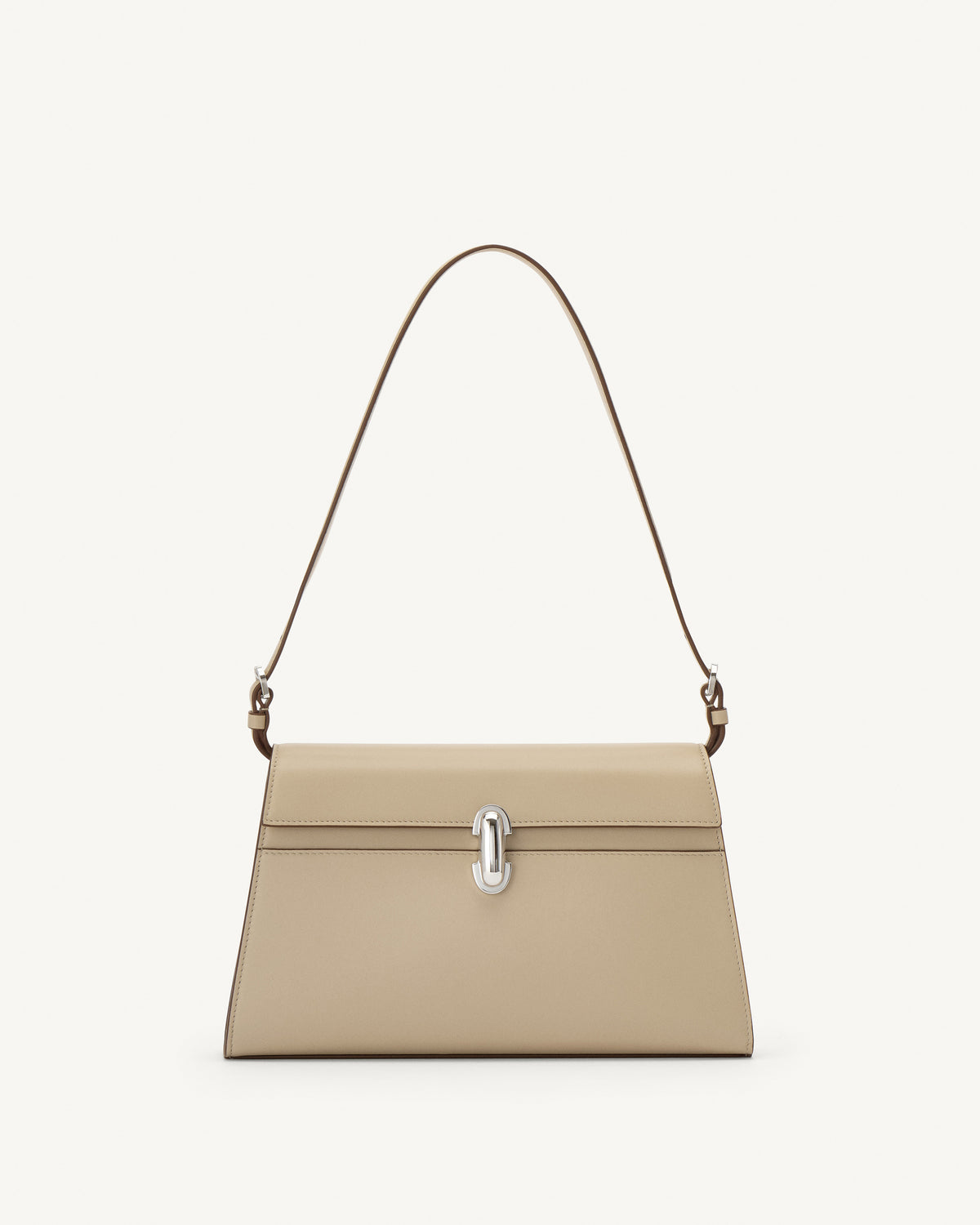 front view of a bone beige leather bag with a silver clasp on a white background
