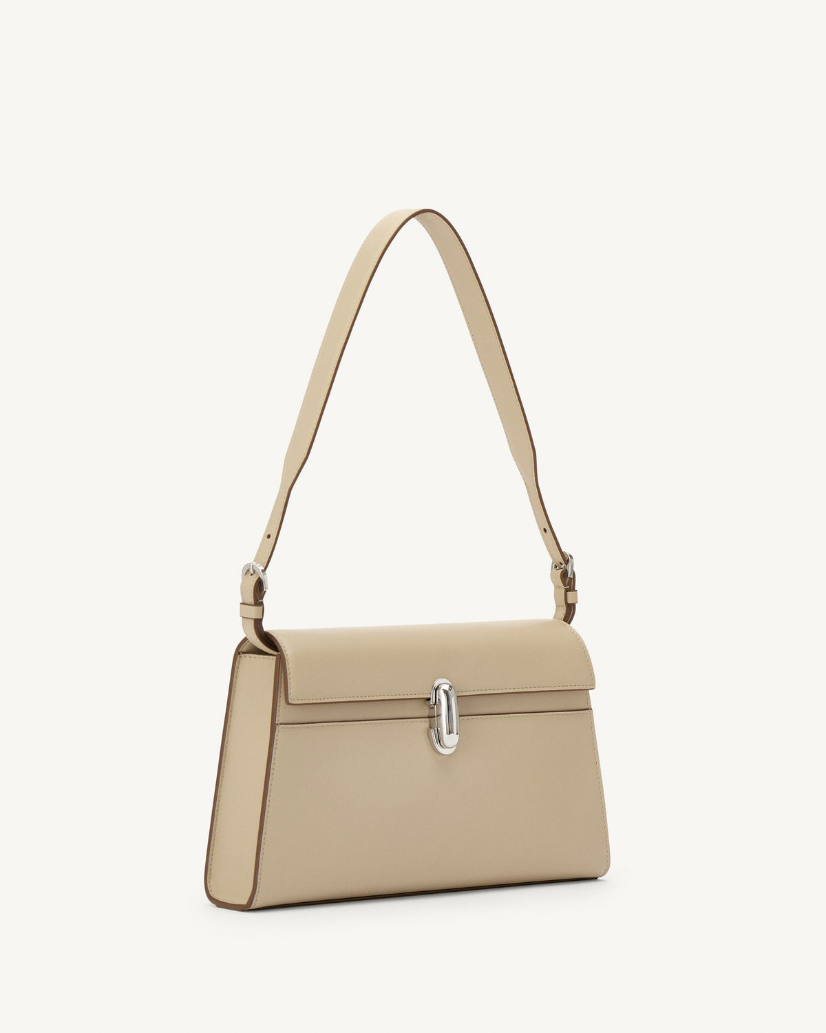 side view of a bone beige leather bag with a silver clasp on a white background