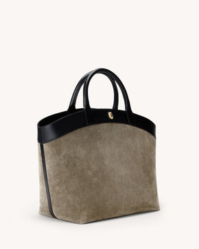 Large Tondo Tote in Mink Suede with Black Leather Trim