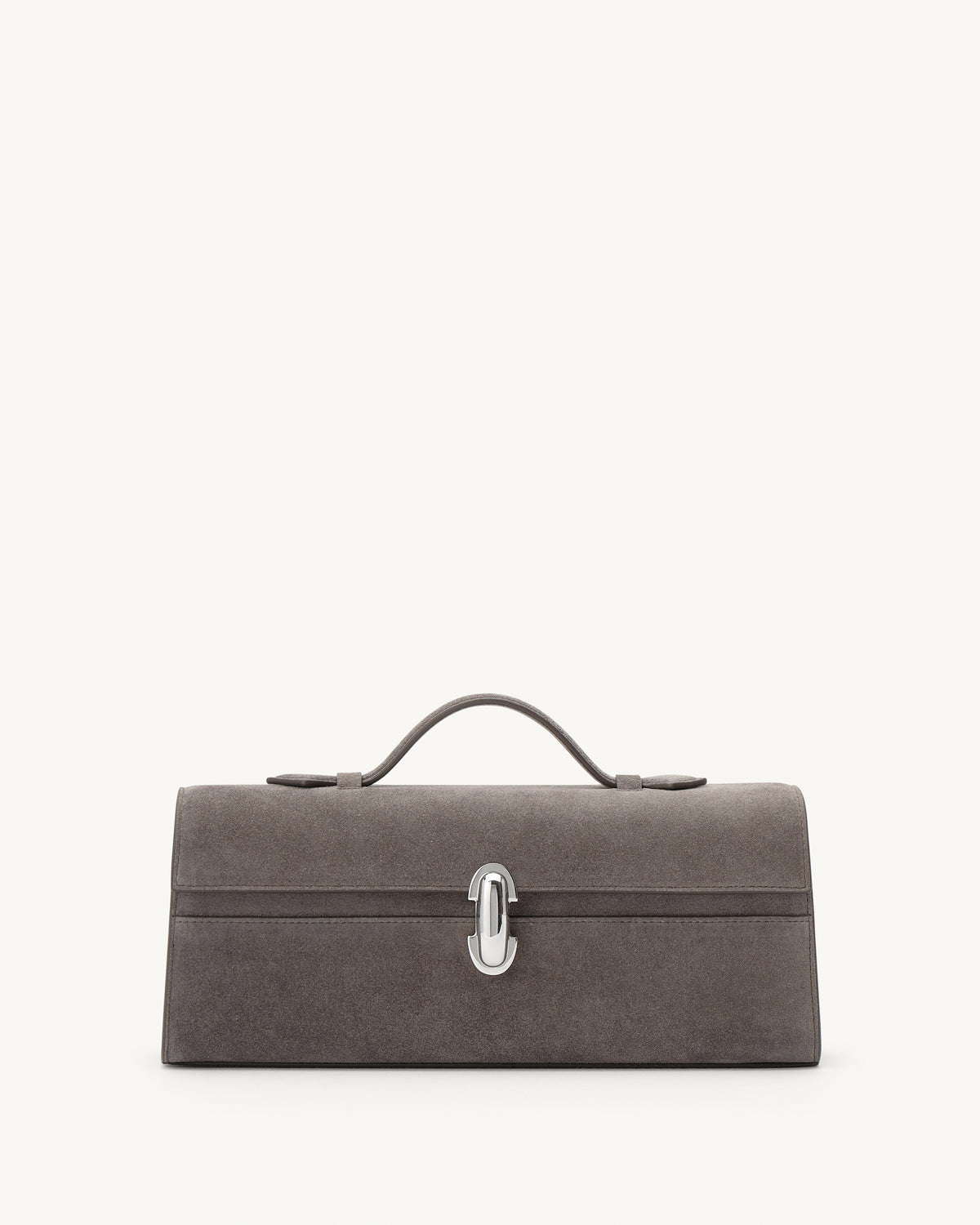 front view of a smoke grey suede handbag with a silver clasp on a white background 