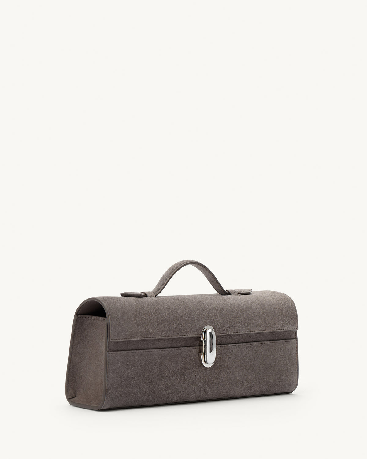 side view of a smoke grey suede handbag with a silver clasp on a white background 