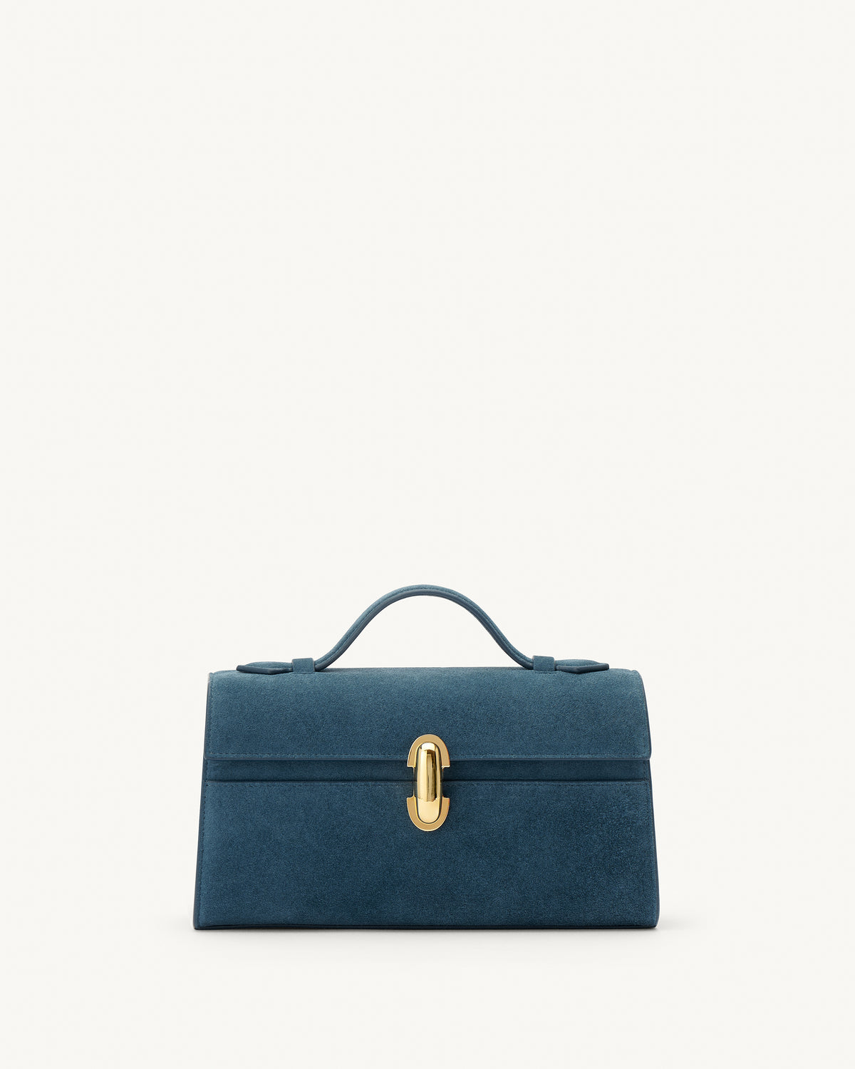 front view of a baltic blue suede top handle bag with a gold clasp on a white background 