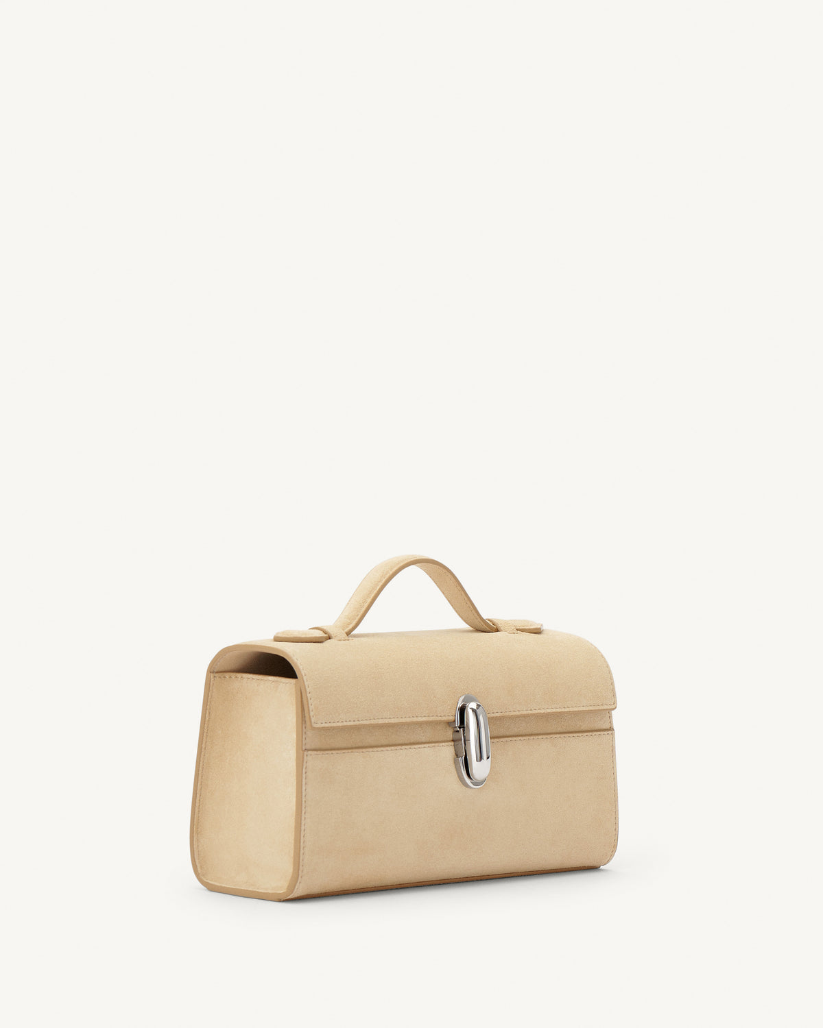 side view of a flax beige suede bag with a silver clasp on a white background