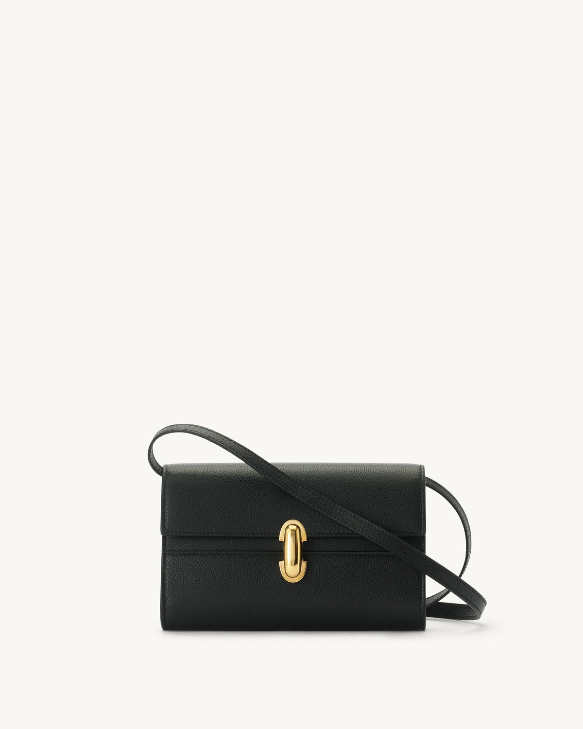front view of black bag with gold clasp on a white background