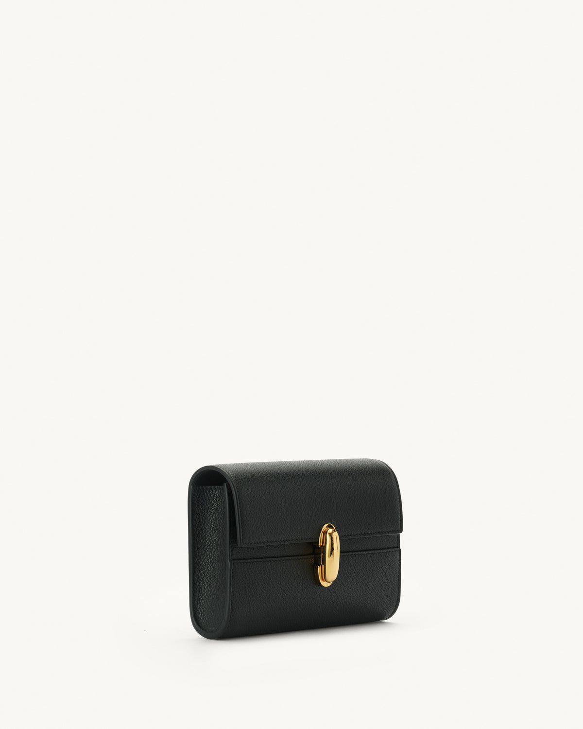 side view of black bag with gold clasp on a white background