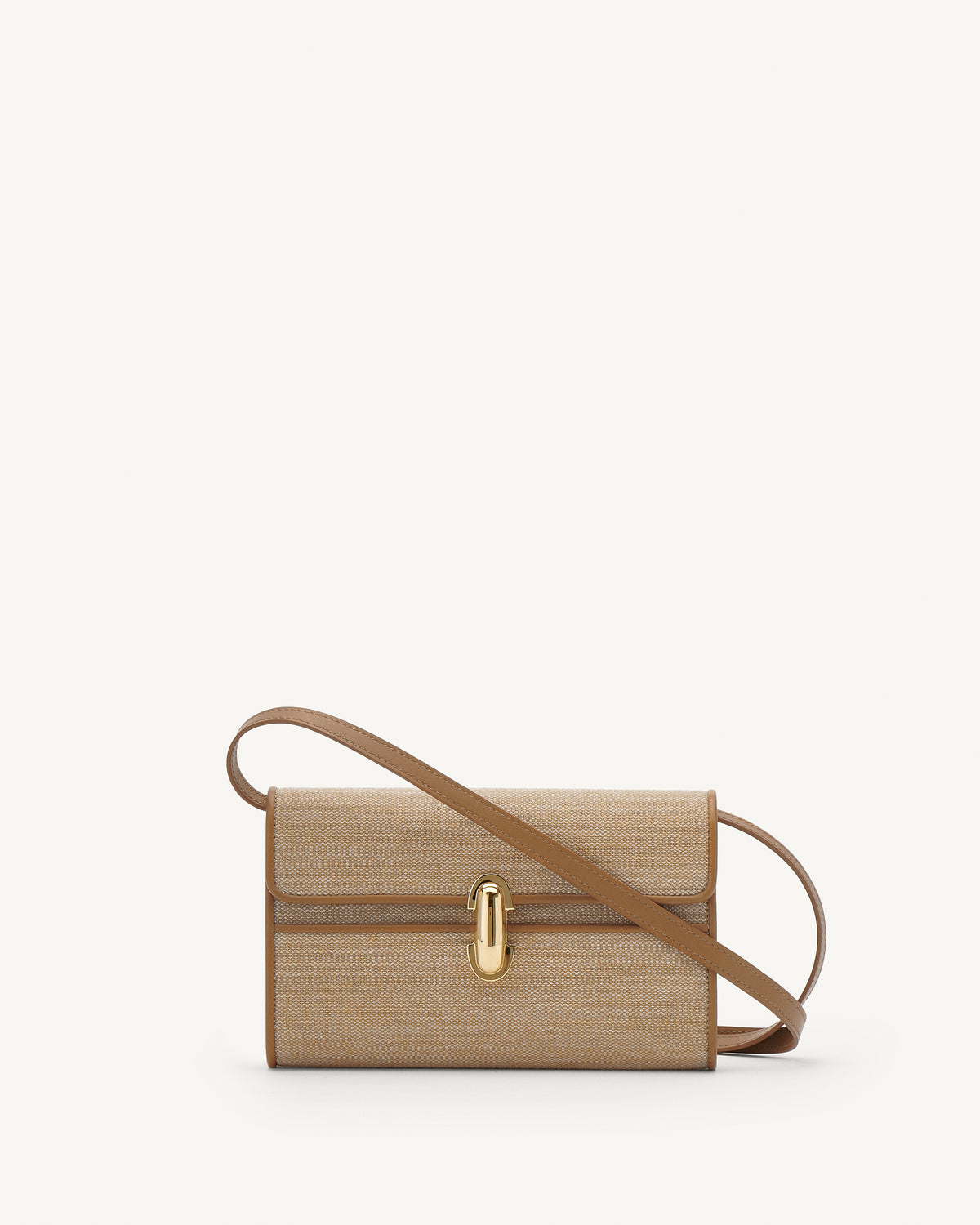 Front view of beige handbag with a brown strap and gold hardware on a white background