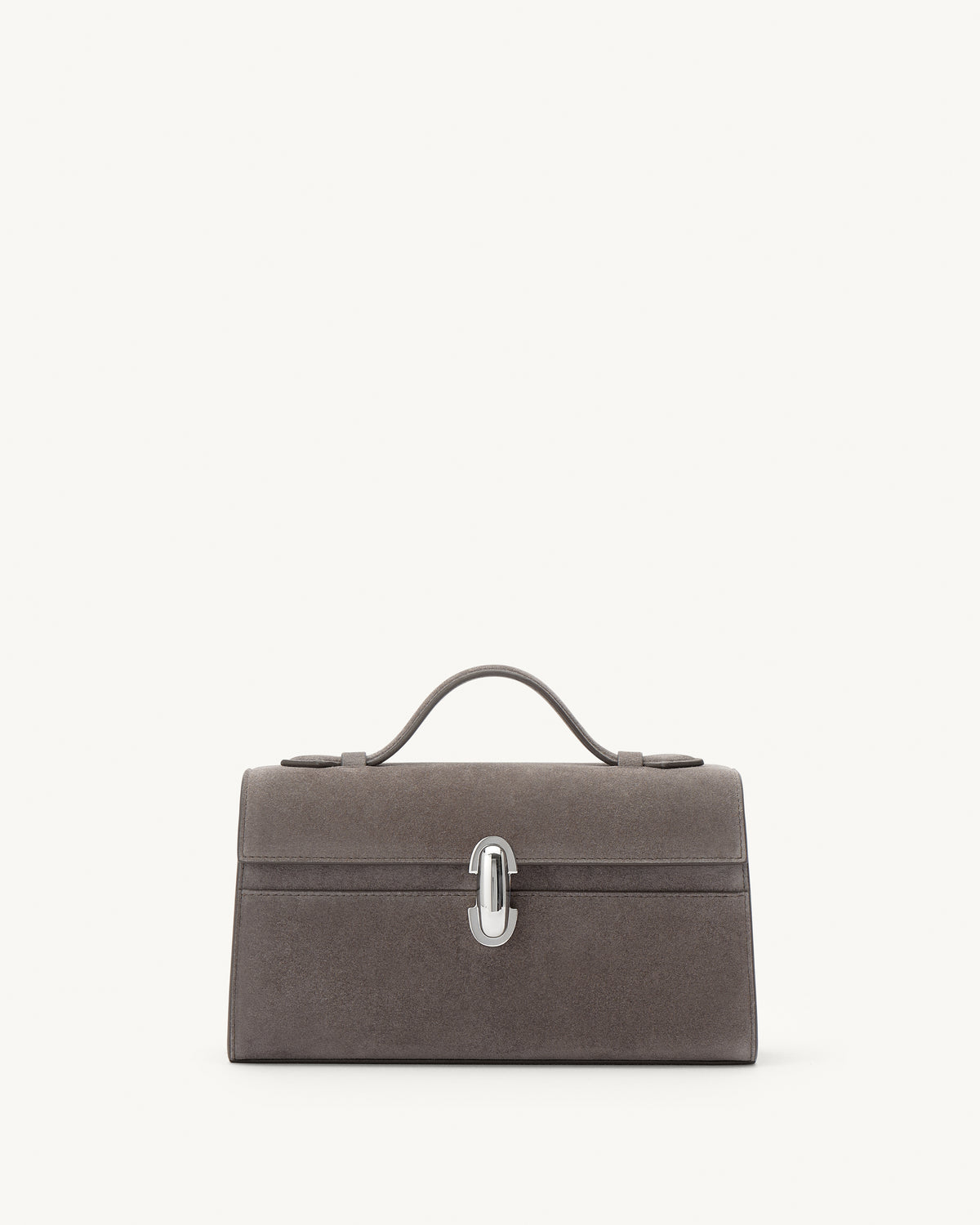 front view of a smoke grey suede top handle bag with a silver clasp on a white background