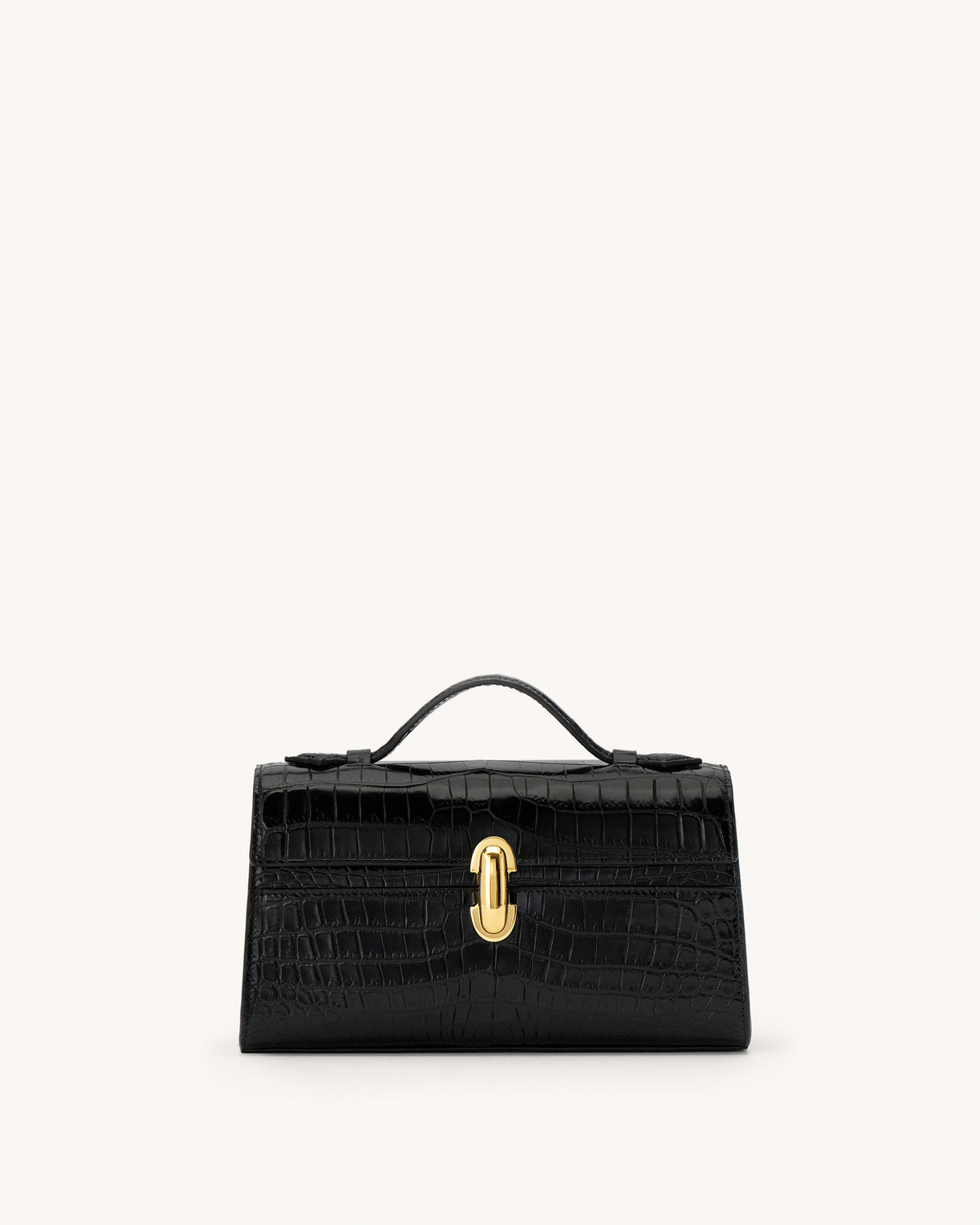 Black handbag with a gold clasp on a white background