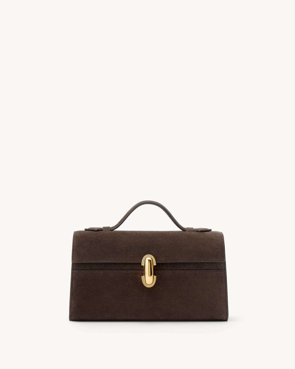 front view of a coffee brown suede top handle bag with a gold clasp on a white background