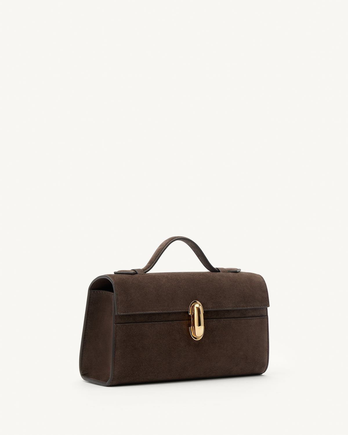 side view of a coffee brown suede top handle bag with a gold clasp on a white background