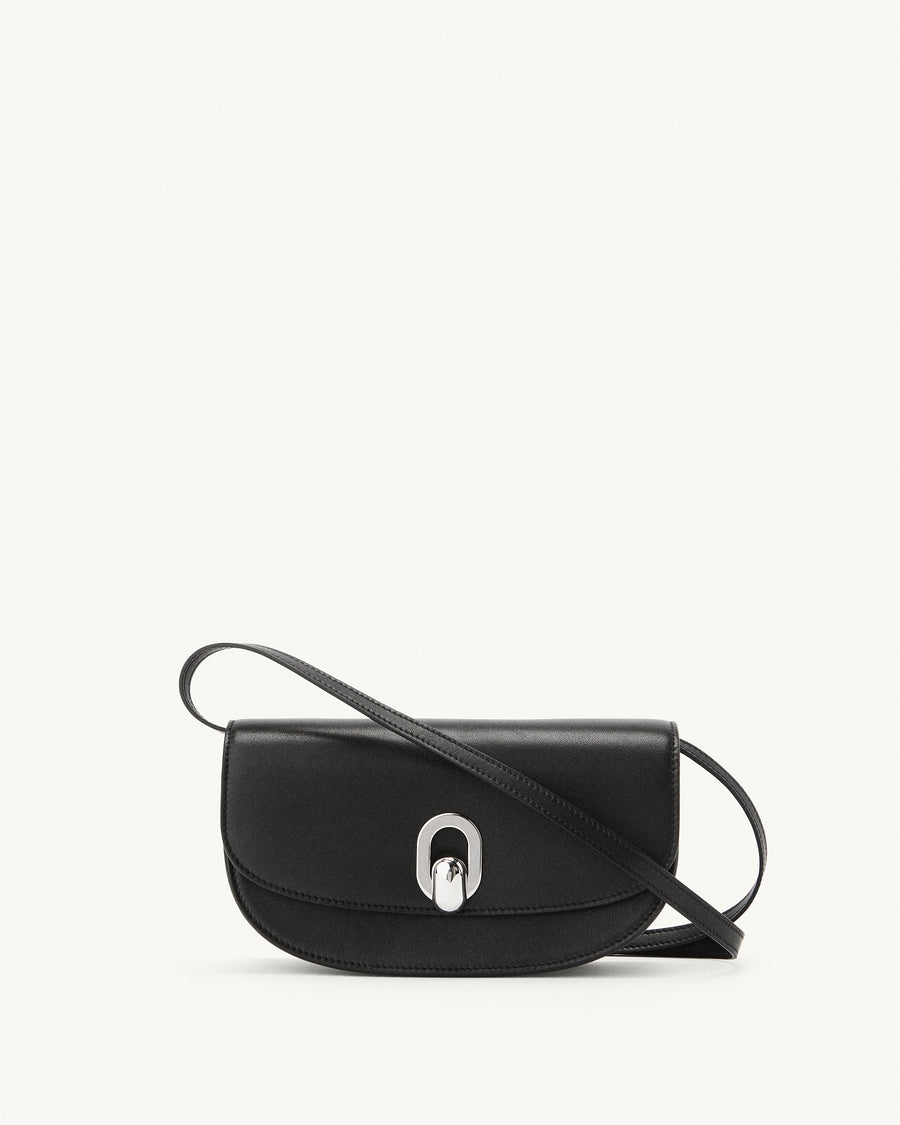 front view of a black bag with a silver clasp on a white background