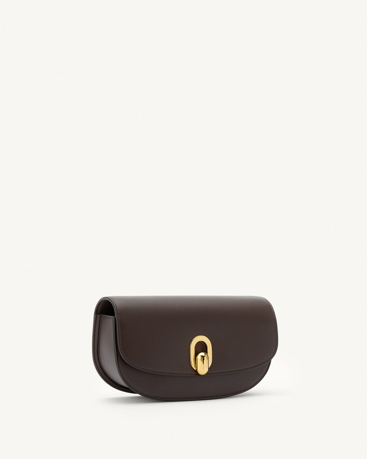 side view of a coffee brown leather handbag with gold hardware on a white background