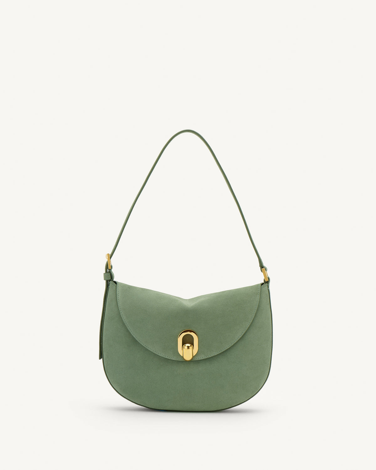 Front view cactus suede handbag with a gold clasp on a white background