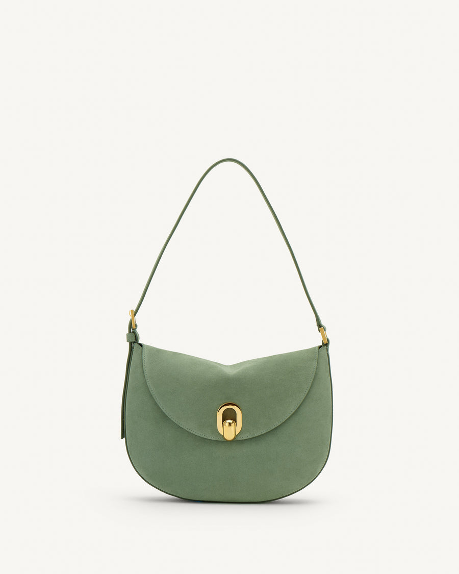 Front view cactus suede handbag with a gold clasp on a white background