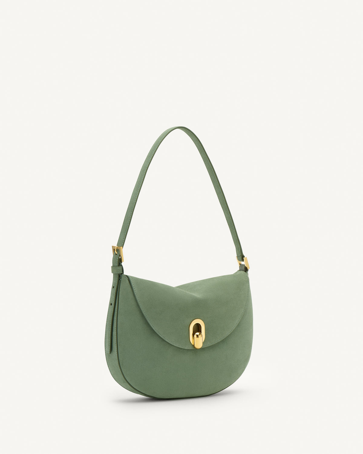 Side view cactus suede handbag with a gold clasp on a white background