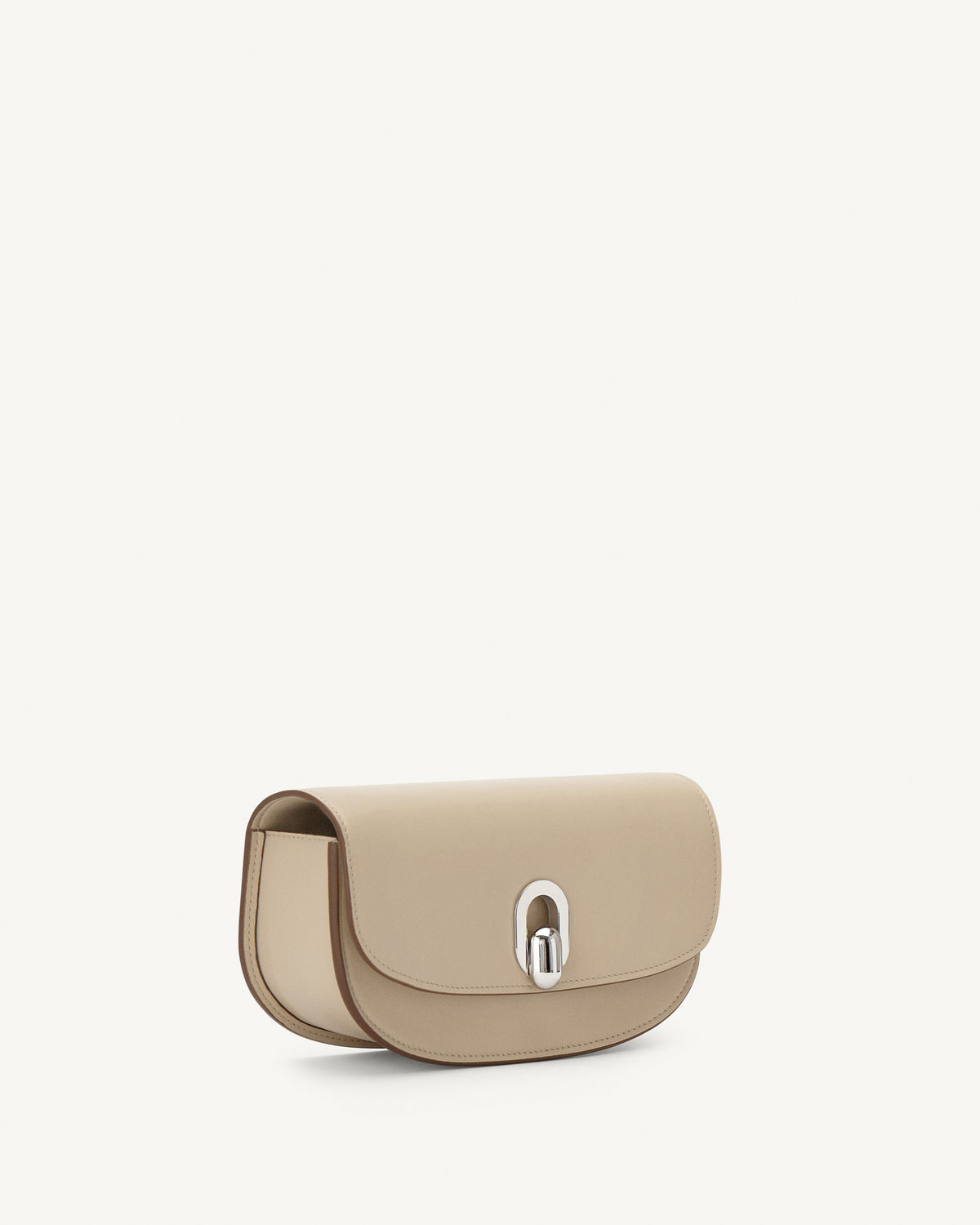 side view of a bone beige leather bag with silver hardware on a white background
