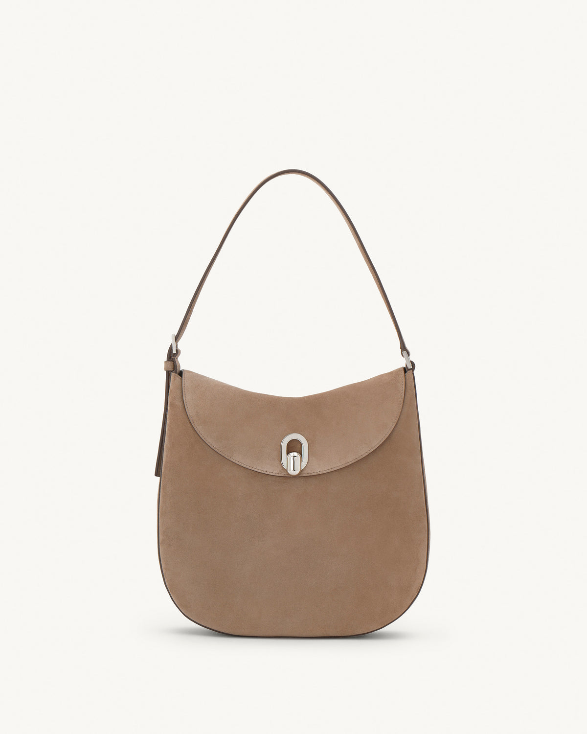 front view of taupe brown suede bag with silver hardware on a white background