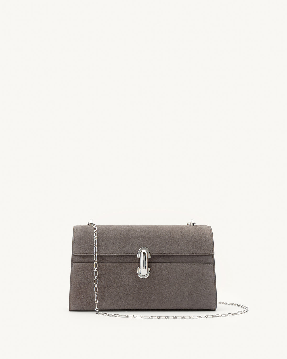 front view of a smoke grey suede bag with a silver chain and silver clasp on a white background 