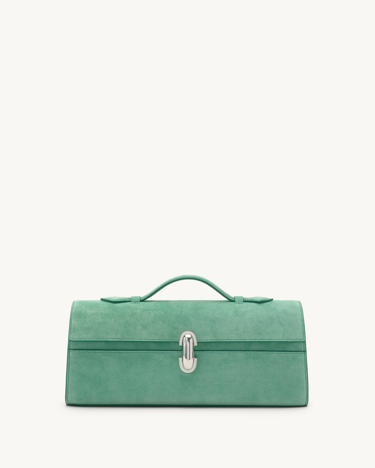 front view of jade green suede bag with silver clasp on a white background