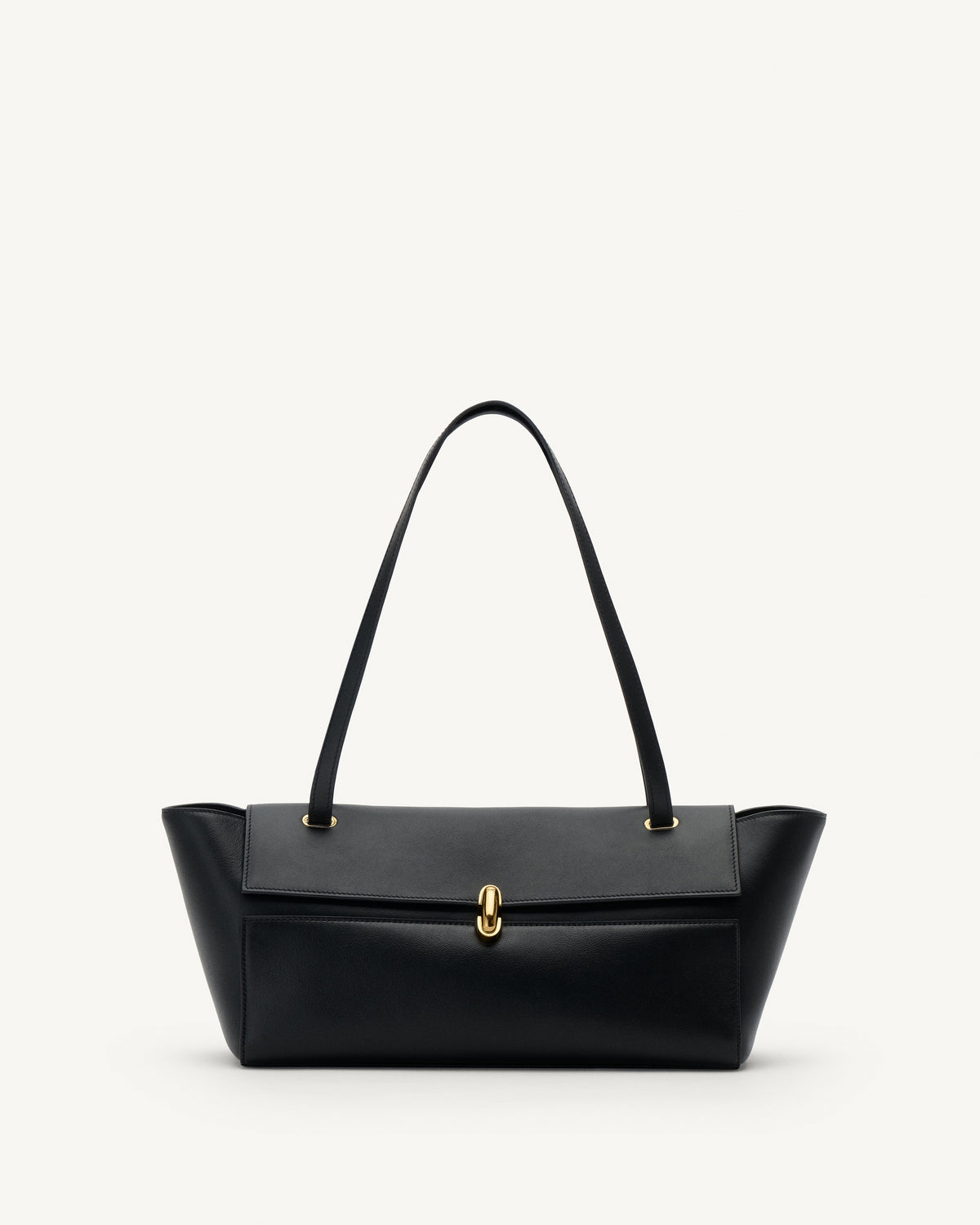 front view of a black leather bag with a gold clasp on a white background 