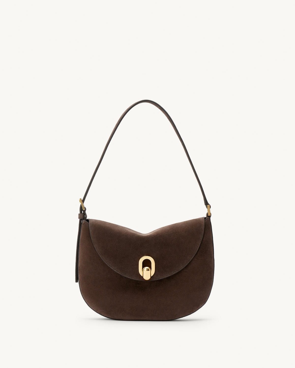 front view of a coffee brown suede shoulder bag with gold hardware on a white background
