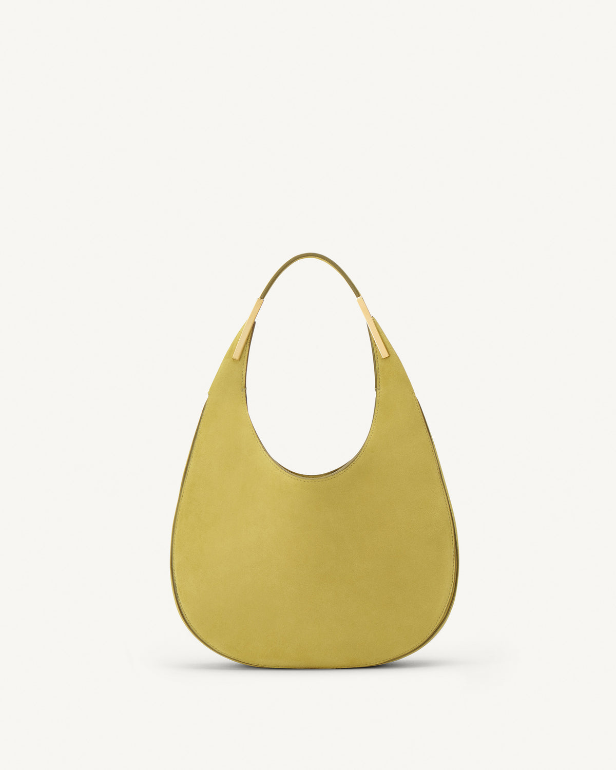 front view of a chartreuse green suede bag with gold hardware on a white background