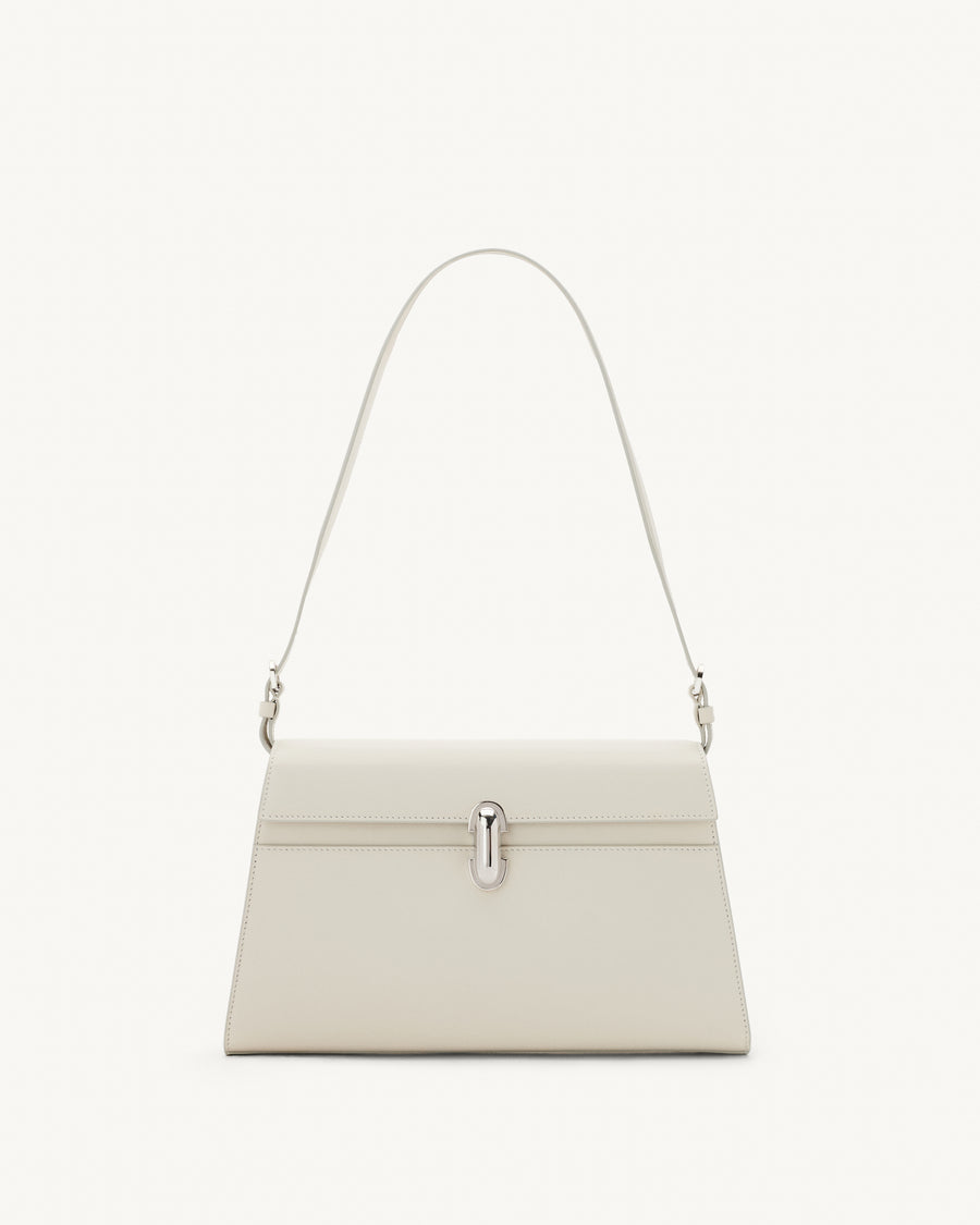 Front view of the Symmetry Shoulder Bag in Ivory Leather