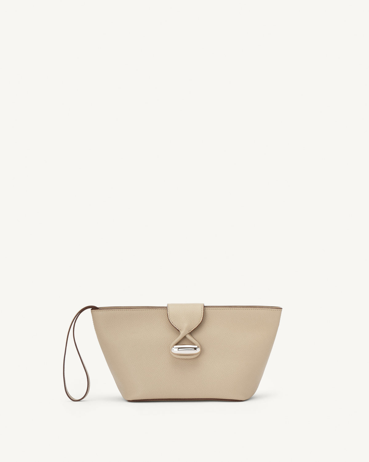 front view of bone beige leather pouch with silver hardware on a white background