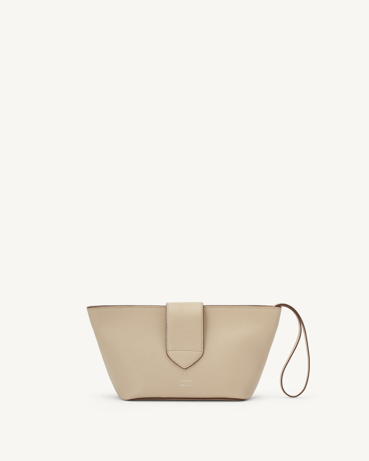 rear view of bone beige leather pouch with silver hardware on a white background
