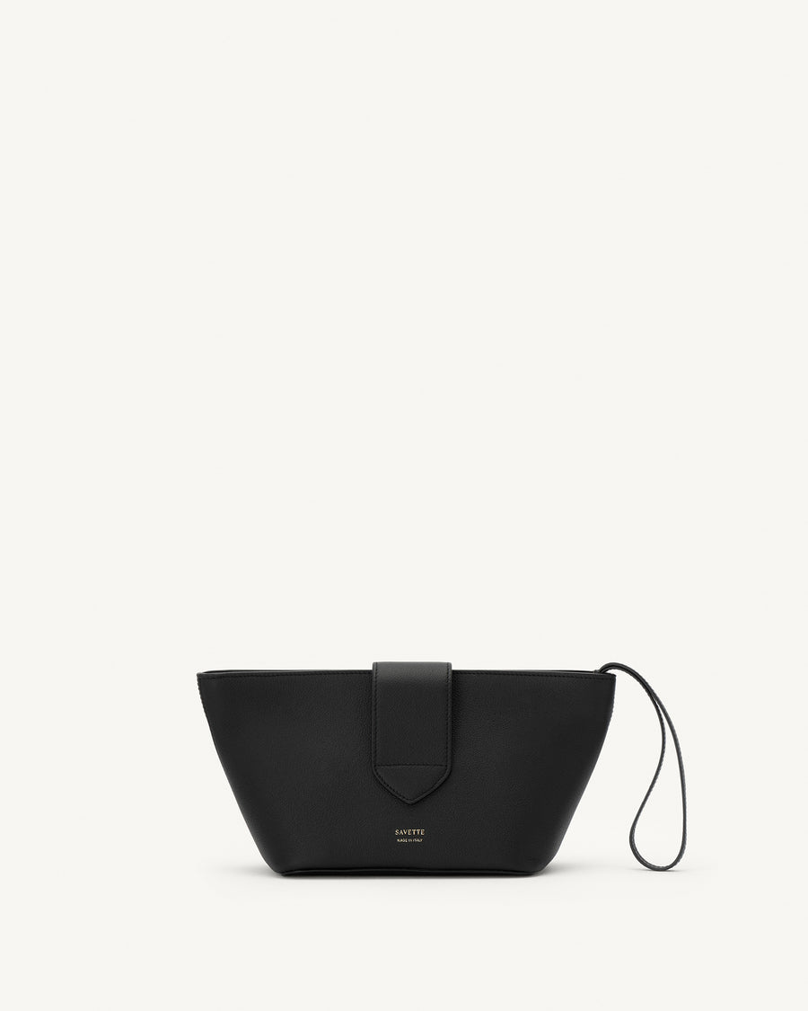 rear view of a black leather pouch with gold hardware on a white background