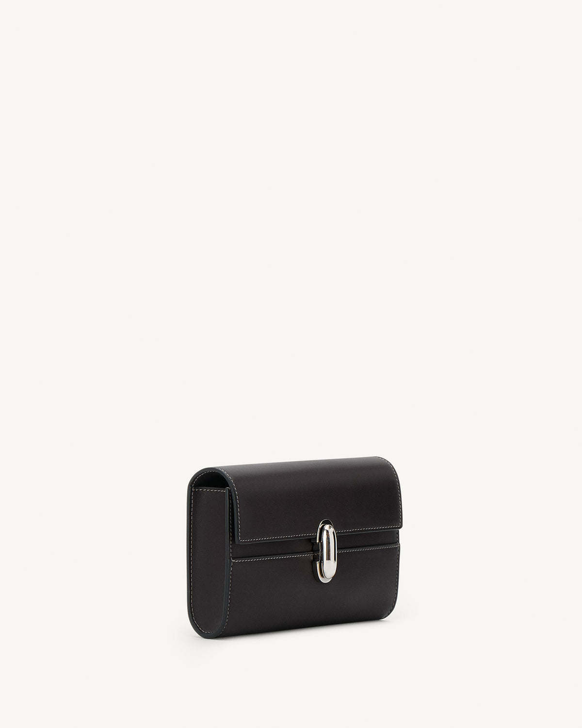 side view of a currant brown leather bag with a silver clasp on a white background