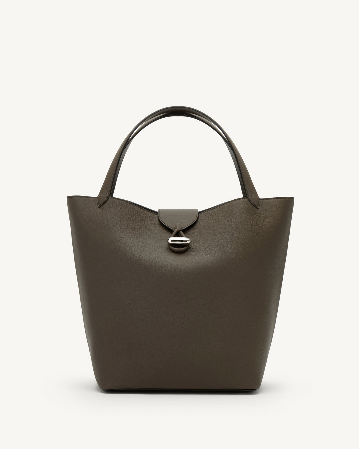 Front view of mink leather tote bag with silver hardware
