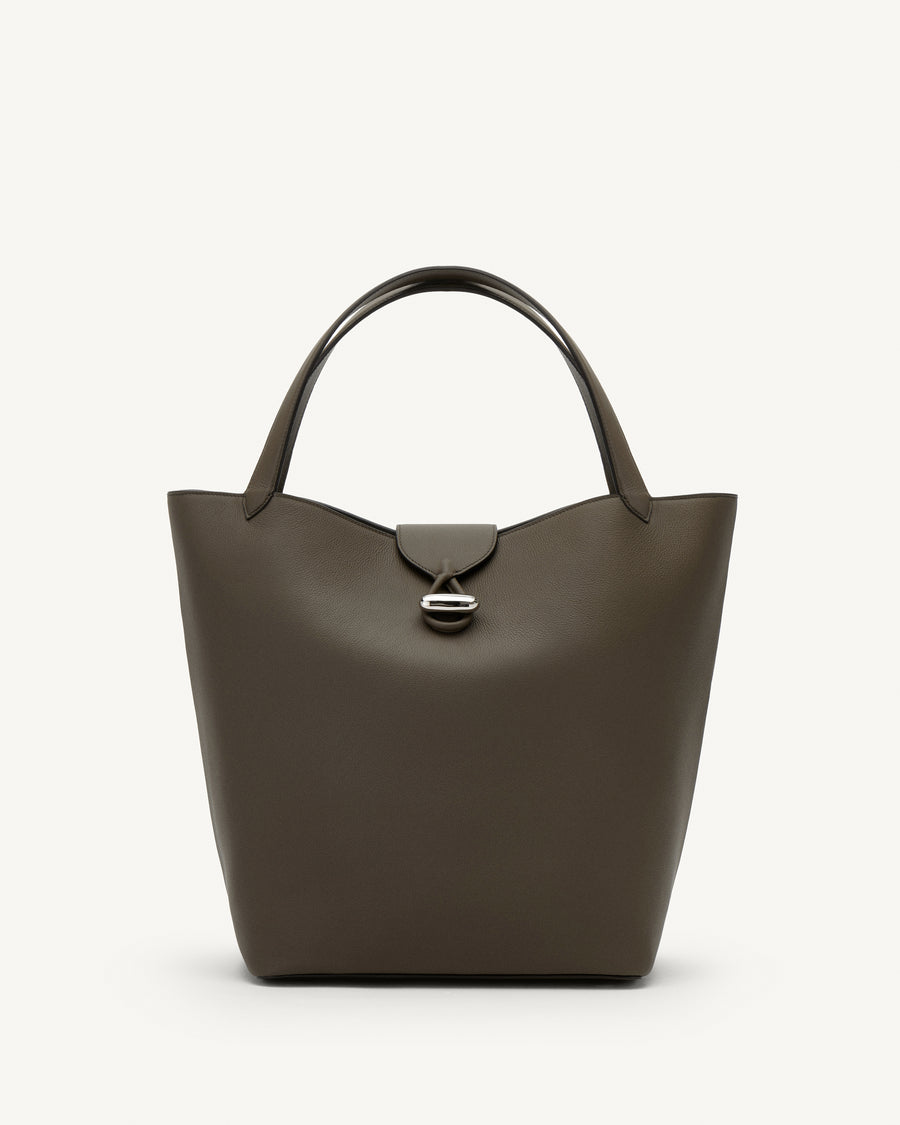 Front view of mink leather tote bag with silver hardware