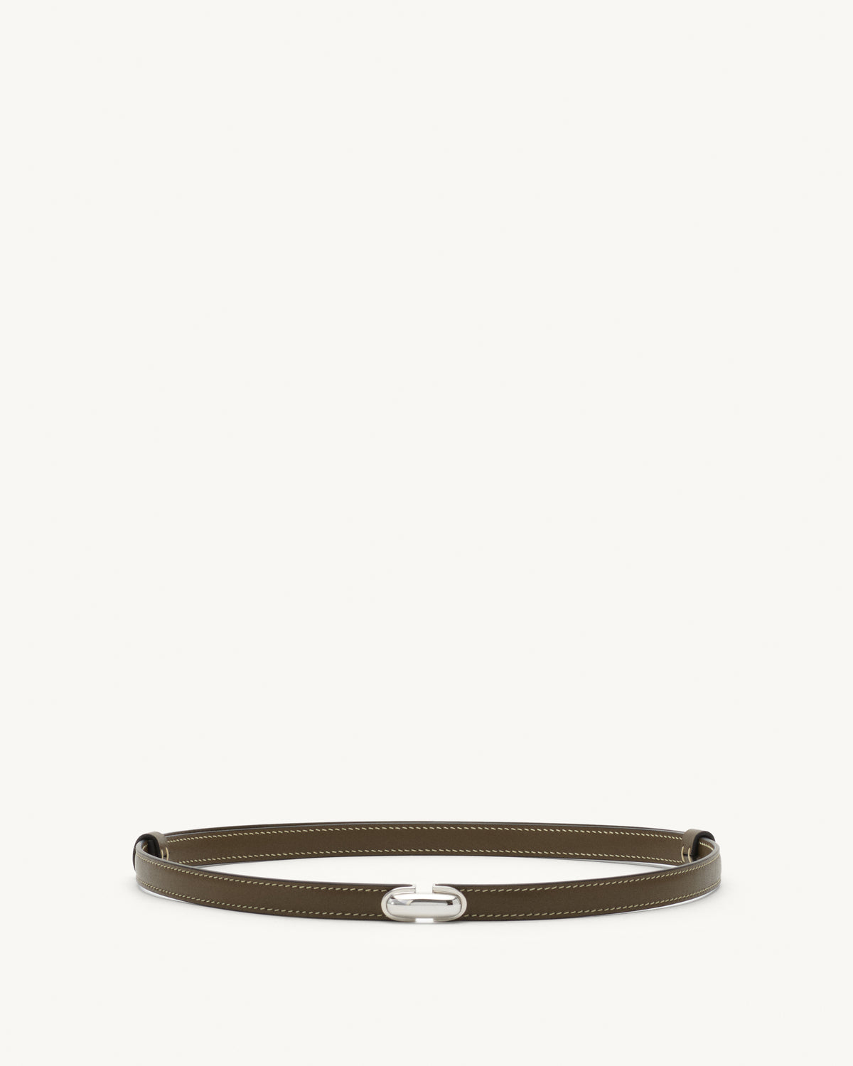 front view of mink brown leather belt with silver clasp on a white background