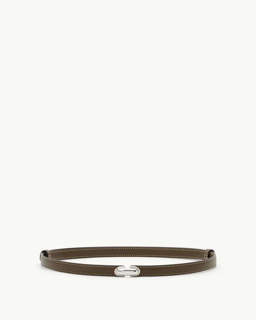 front view of mink brown leather belt with silver clasp on a white background