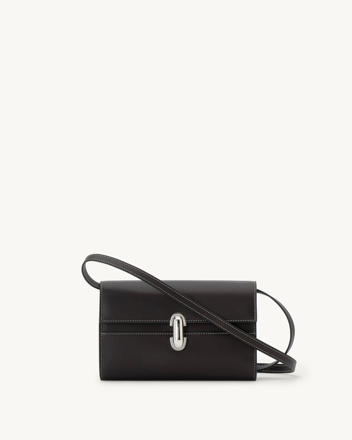 front view of a currant brown leather bag with a silver clasp on a white background