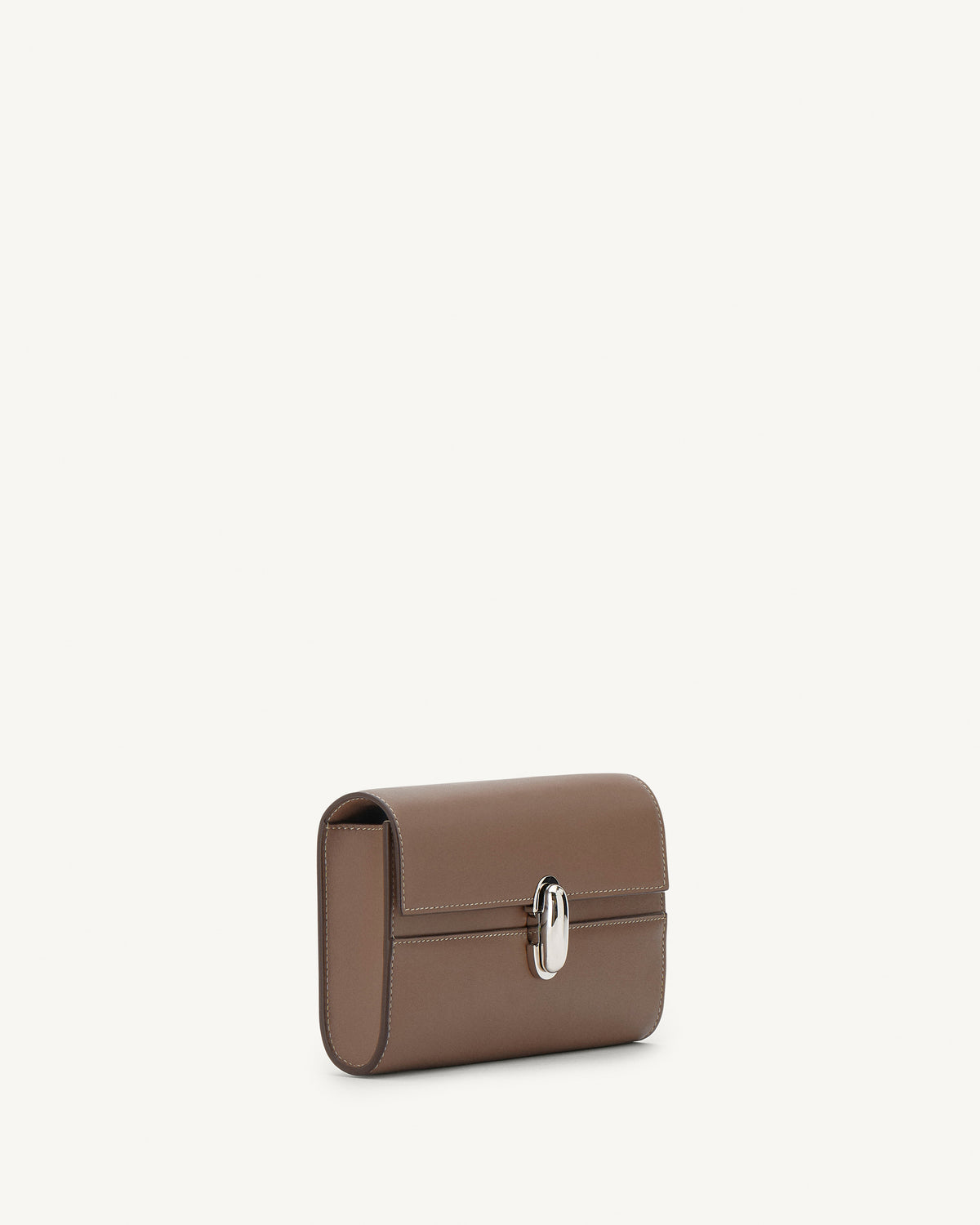 side view of a taupe brown bag with silver clasp on a white background