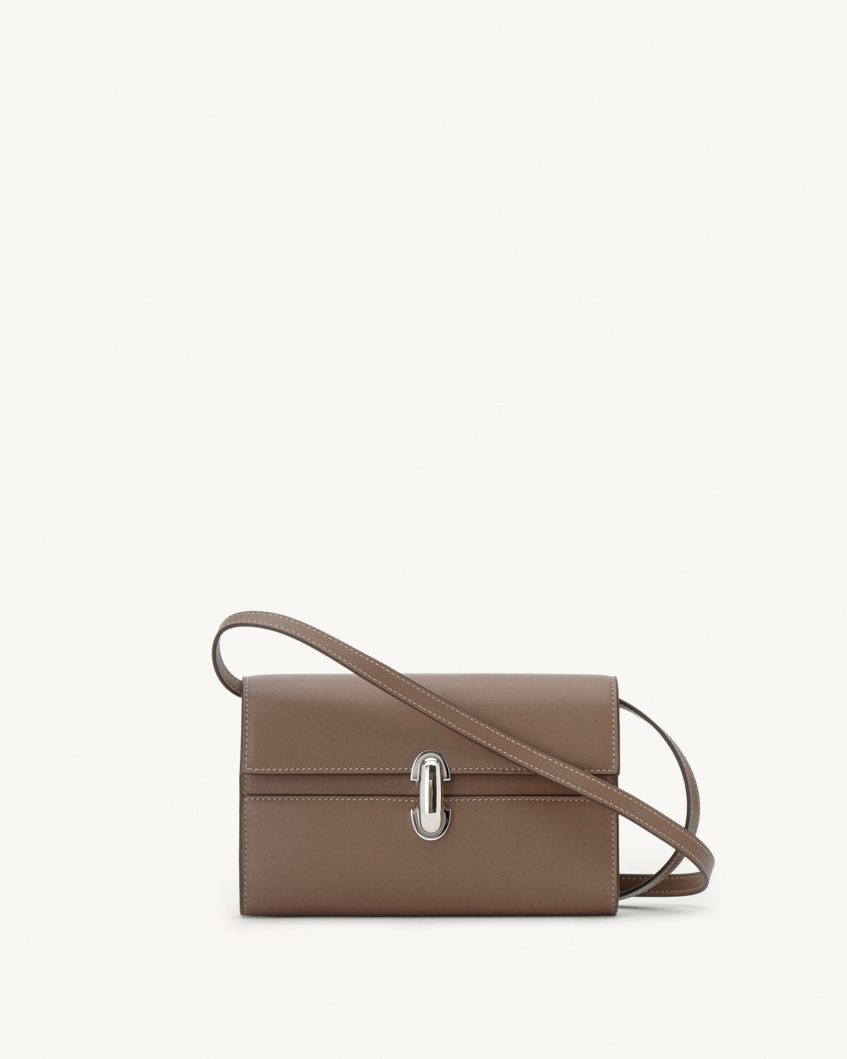 front view of a taupe brown bag with silver clasp on a white background